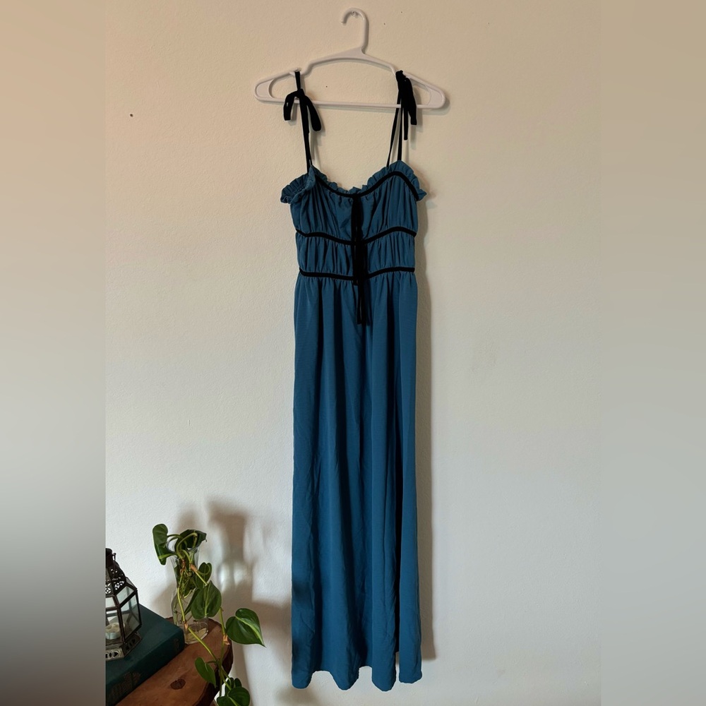 Romantic Renaissance Style Maxi Dress with Black Tie Straps